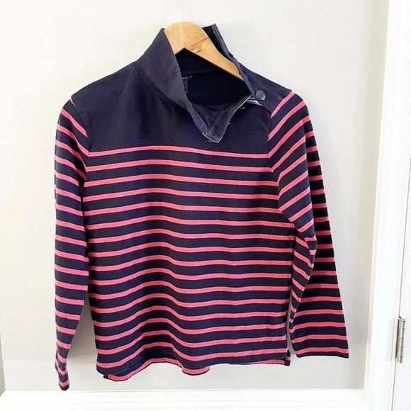 J. Crew Mock Neck Nautical Sweater Navy Blue & Pink Striped Sweater XS Preppy - Picture 3 of 7